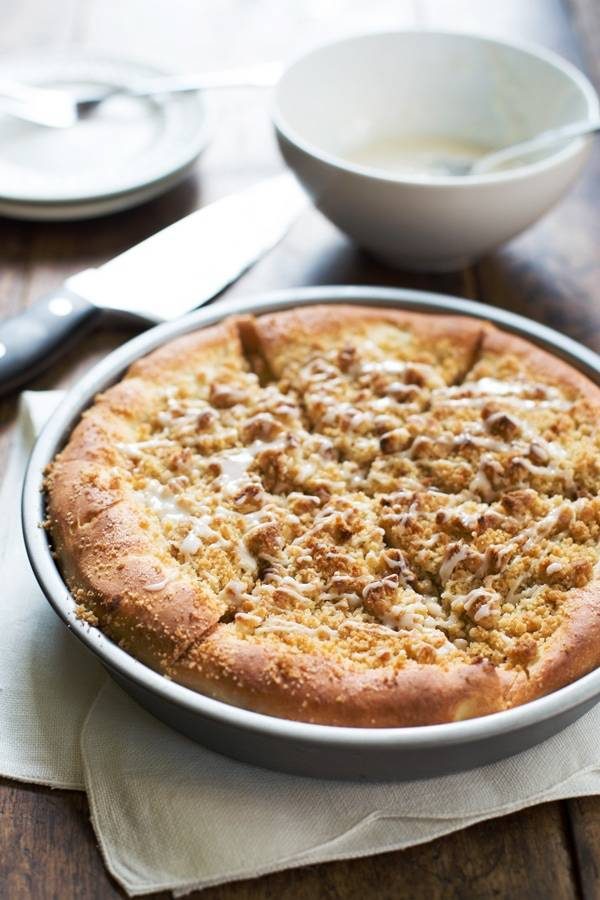 Deep Dish Cinnamon Streusel Dessert Pizza in a pan.