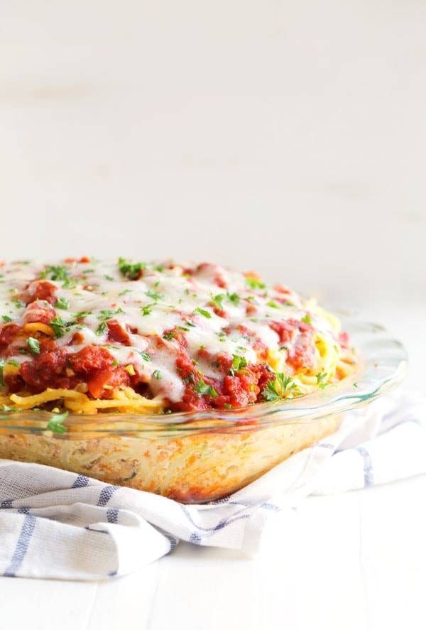 Spaghetti Pie in a clear baking dish.