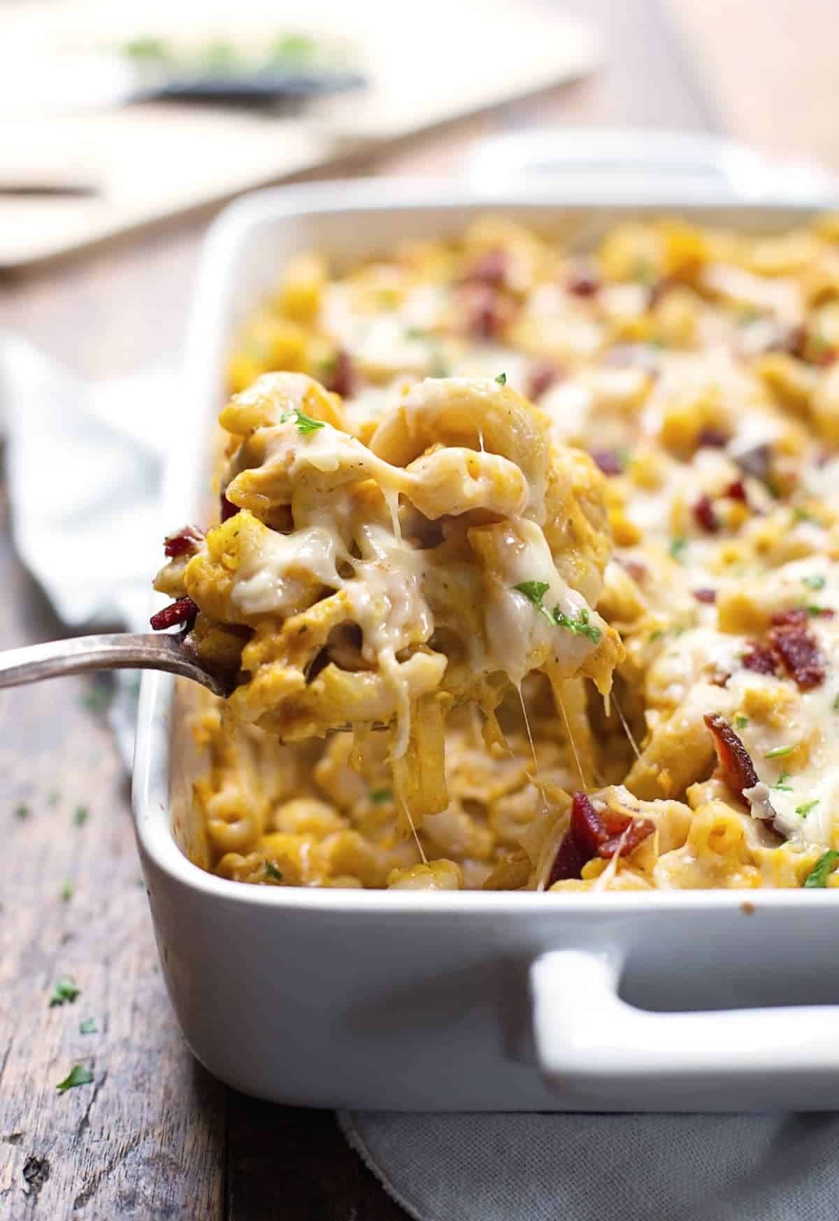 Chicken Bacon Pumpkin Pasta Bake in a white baking dish.