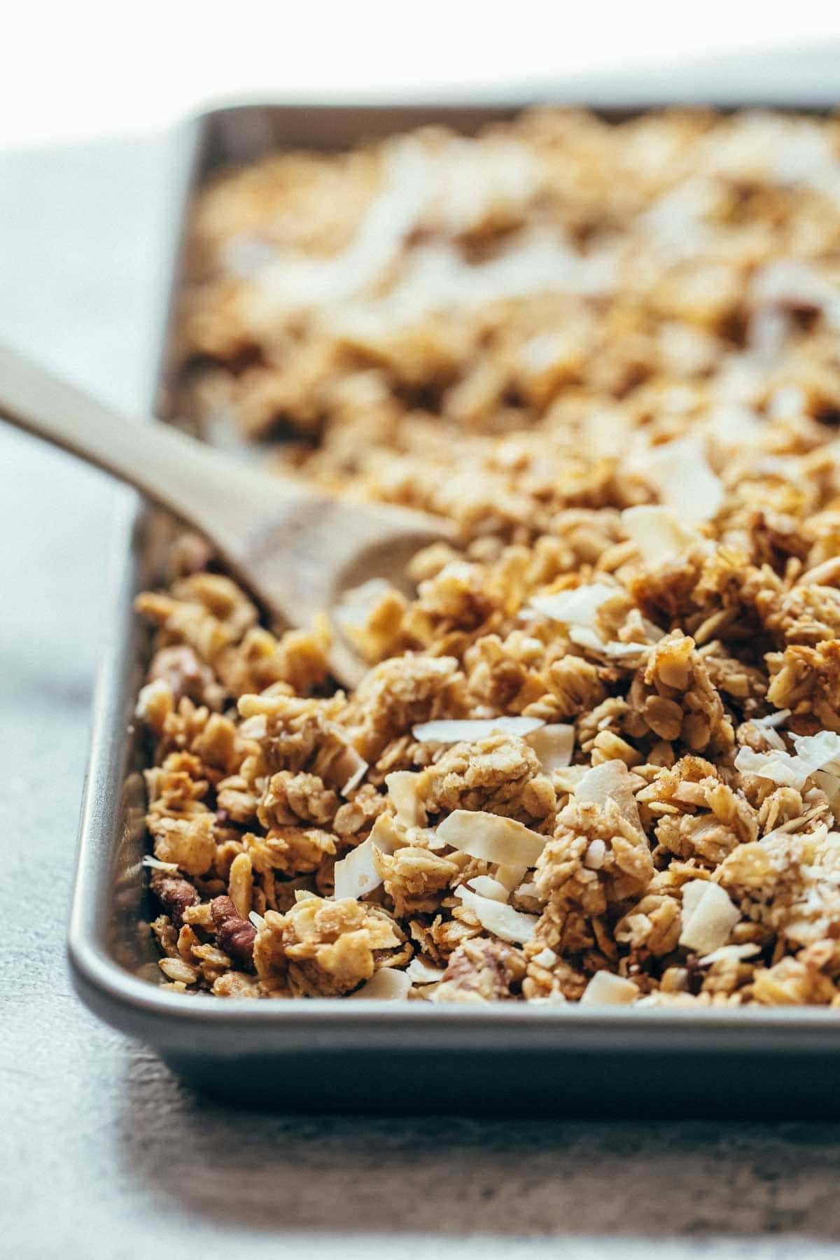 Perfect granola for taking along on summer vacation for easy, real food breakfasts! Made in 30 minutes. Simple and SO good! | pinchofyum.com