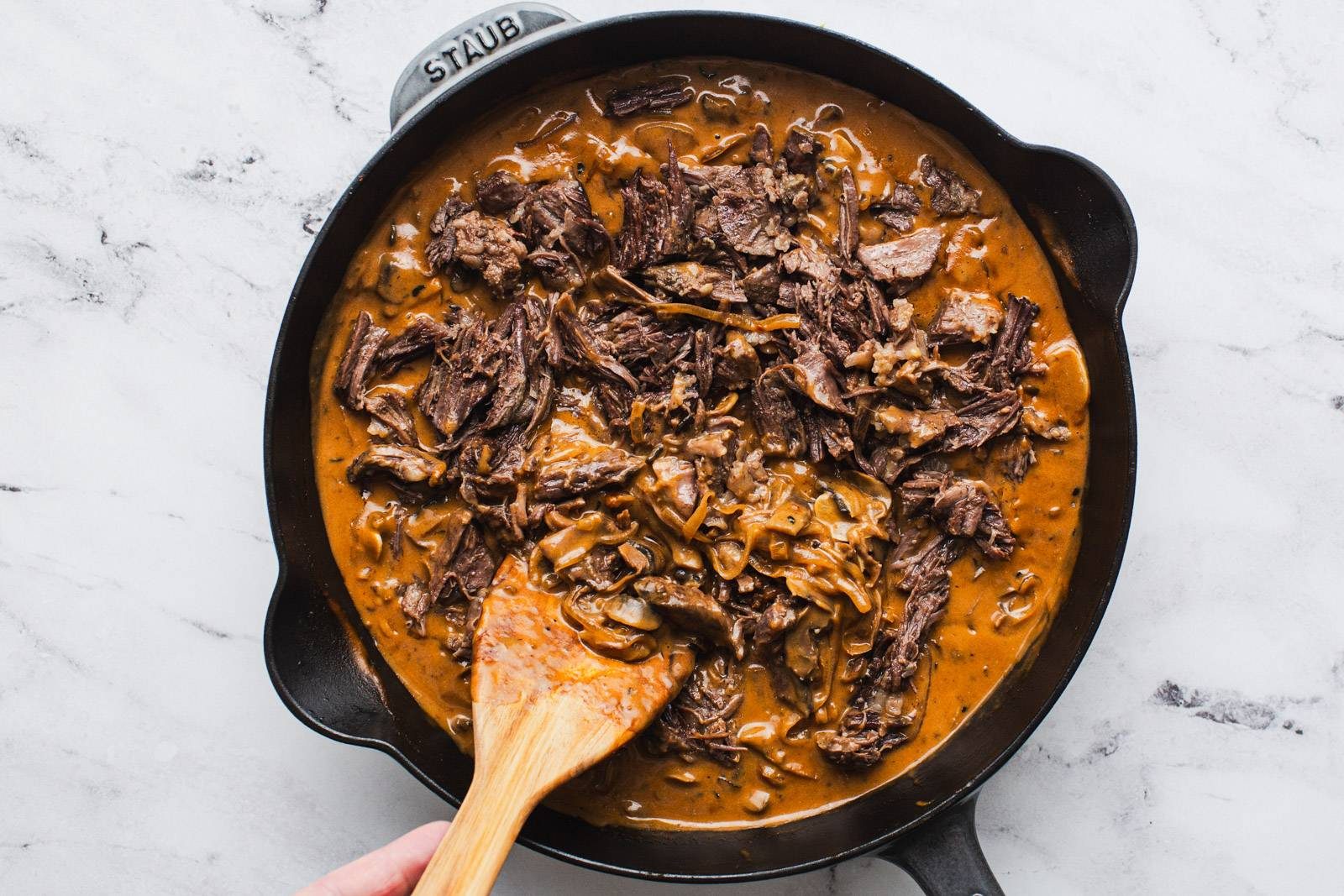 Beef and gravy in a skillet.