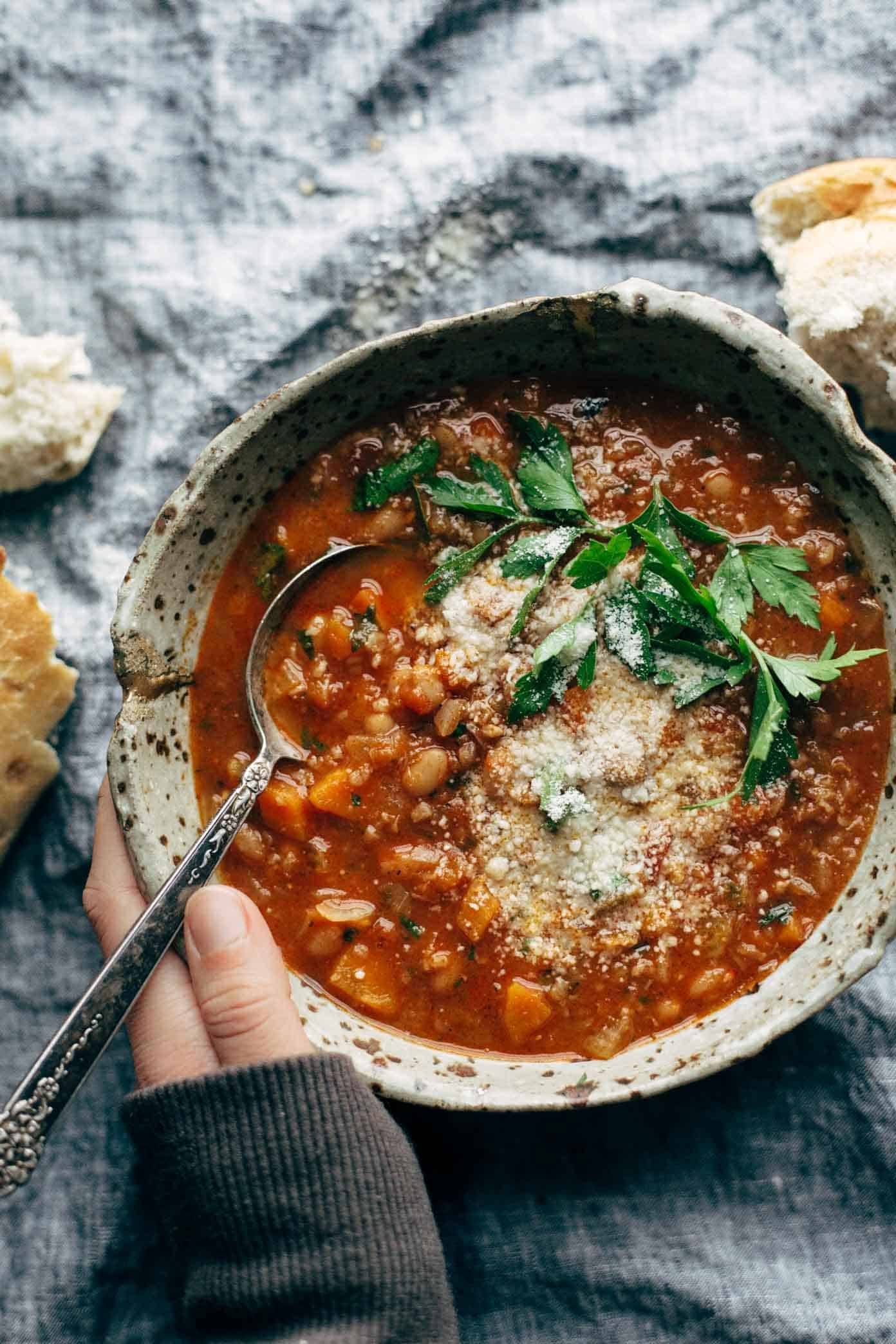 Minestrone soup in a bowl.