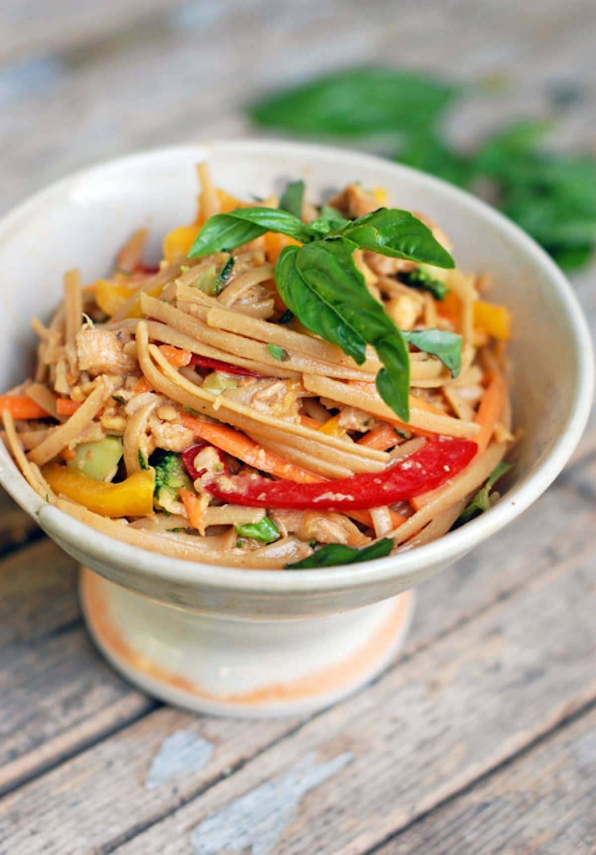 Spicy peanut chicken salad in a bowl.