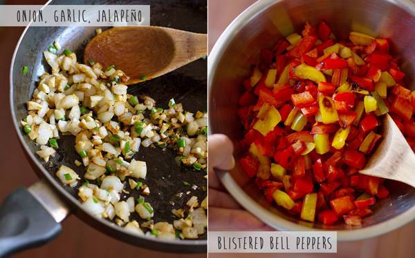 Onion, garlic, and jalapeno in a skillet and bell peppers in a mixing bowl.