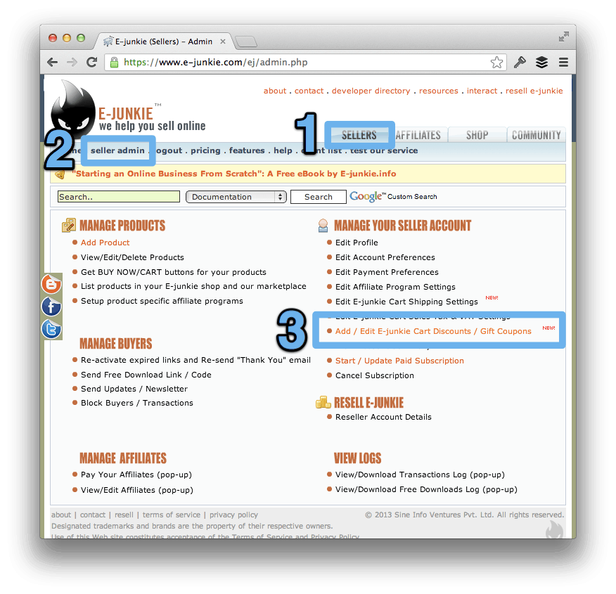 Add or Edit E-Junkie Cart Discounts.