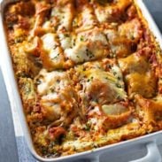 Skinny Spinach Lasagna - layers of ricotta, spinach, noodles, sauce and cheese. 250 calories of yum!. | pinchofyum.com