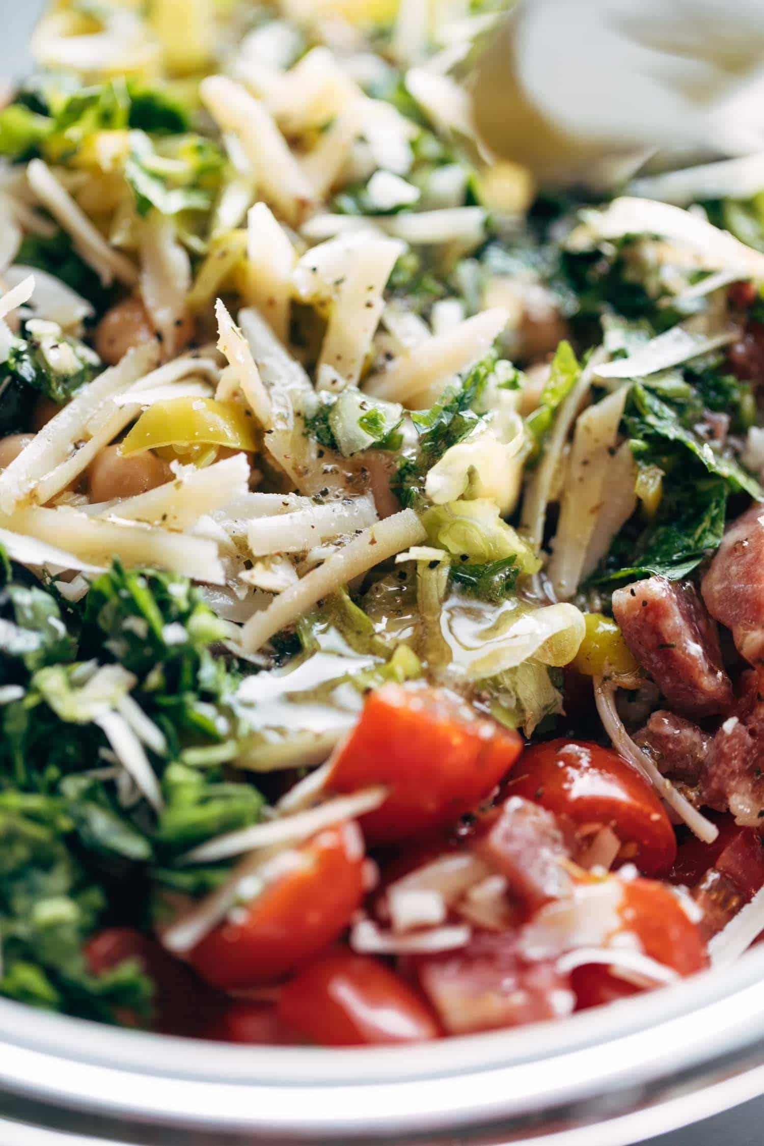 Chopped Salad Pizza ingredients in a bowl