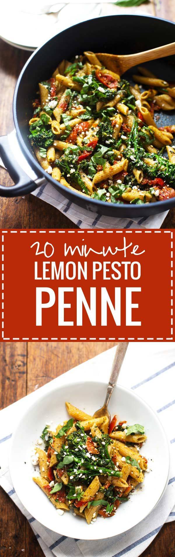 This 20 Minute Lemon Pesto Penne is my husband's favorite pasta! Baby broccoli, oven roasted tomatoes, and fresh lemon and basil.