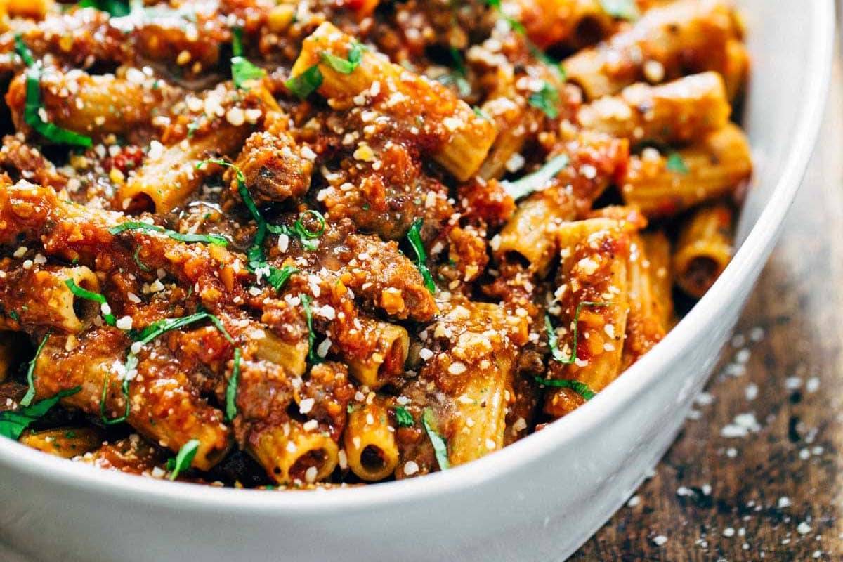 Spicy Sausage Rigatoni in a baking dish.