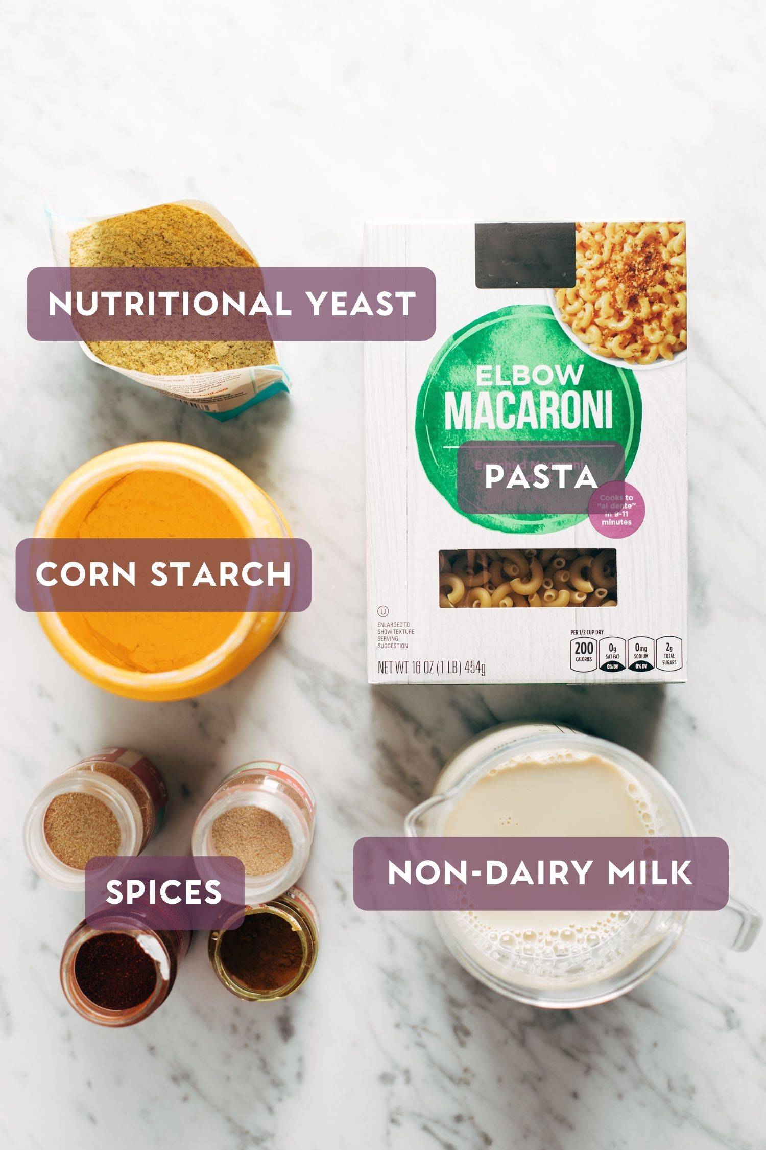 Ingredients for vegan mac and cheese with purple text bubbles over the top.