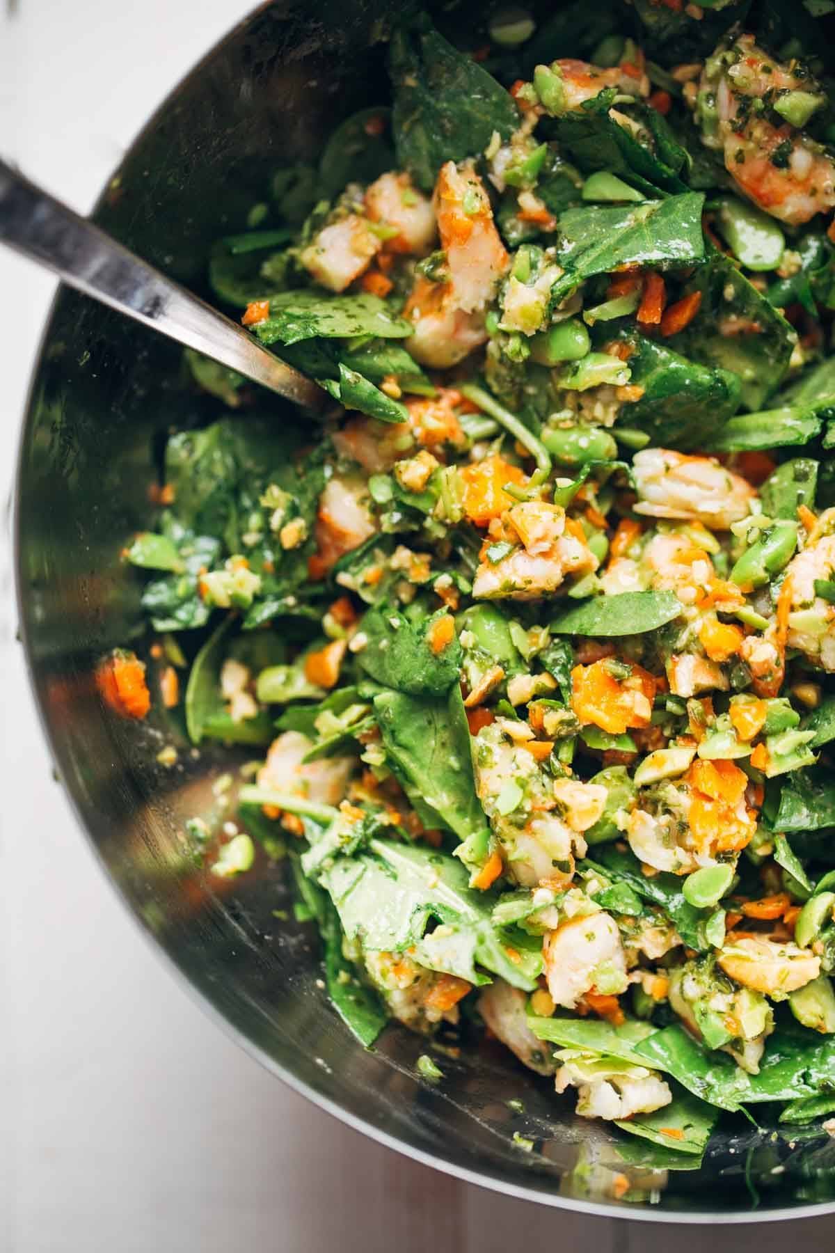 Chopped Thai Shrimp Salad in a mixing bowl.