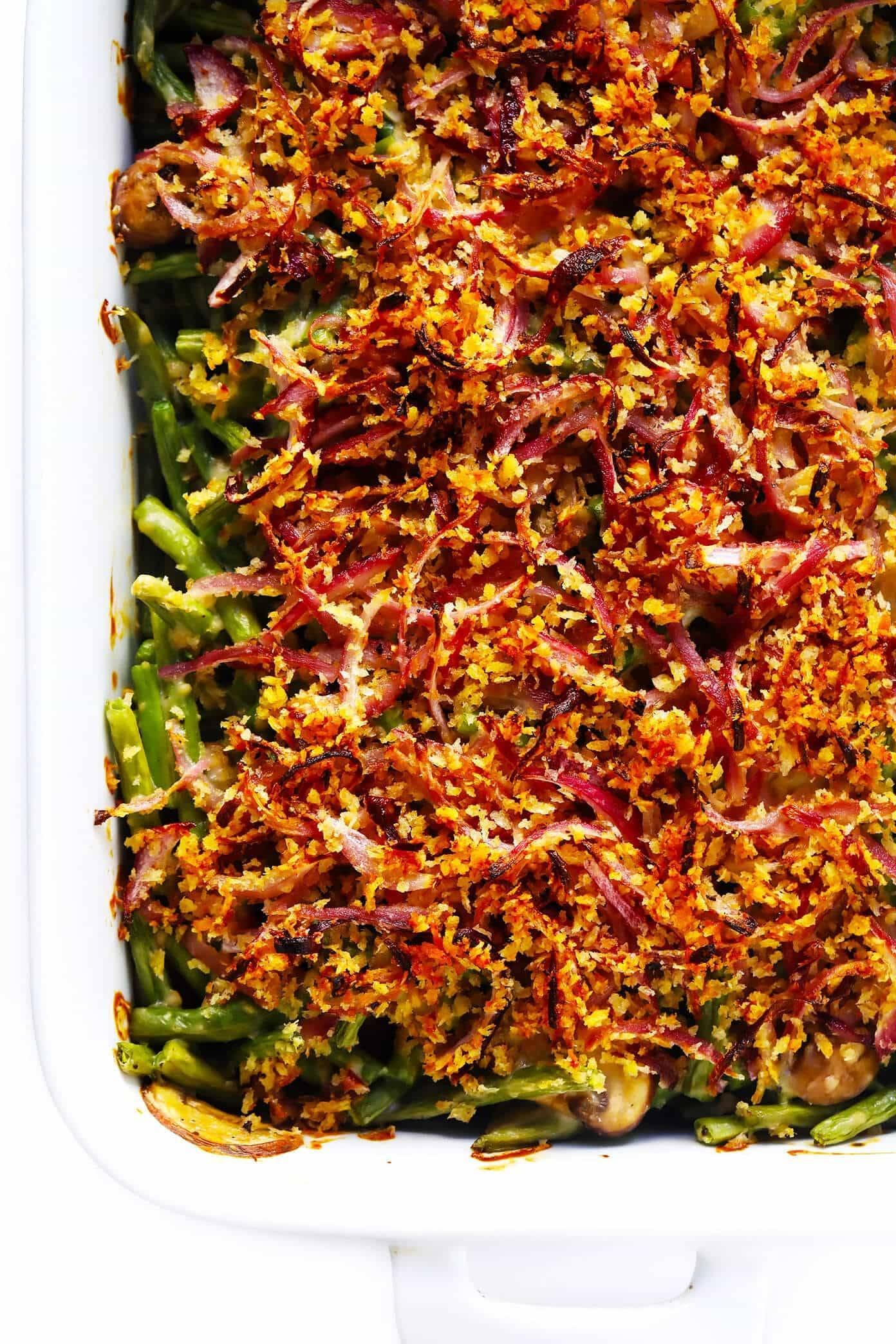 Healthy Green Bean Casserole in a white dish