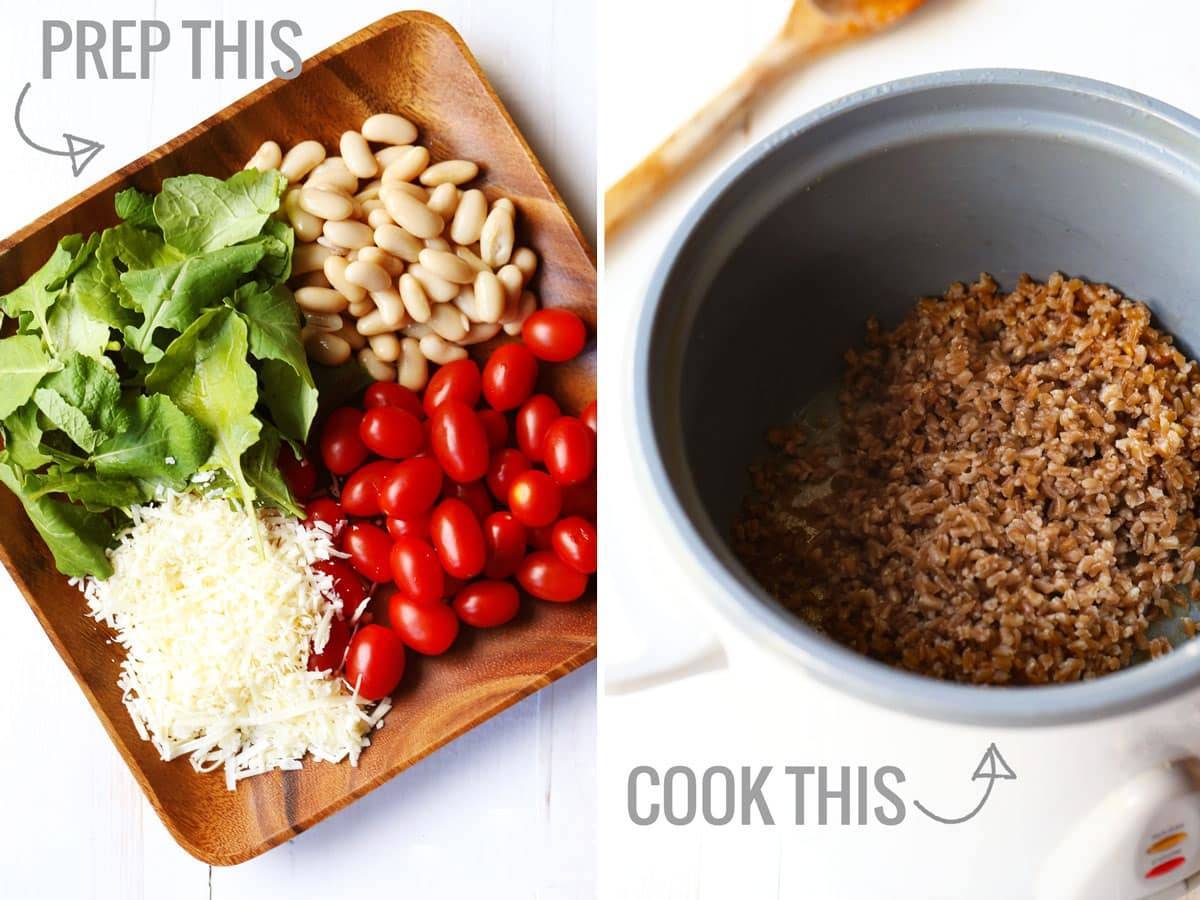 Tomatoes, cheese, greens, and beans on a wooden plate.