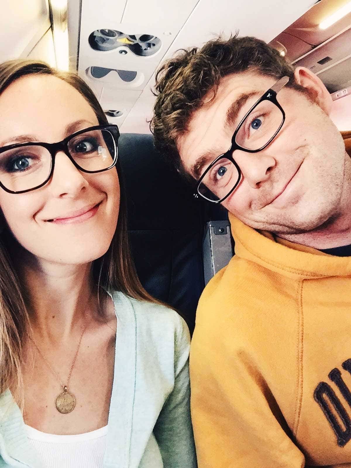 Man and woman on an airplane.